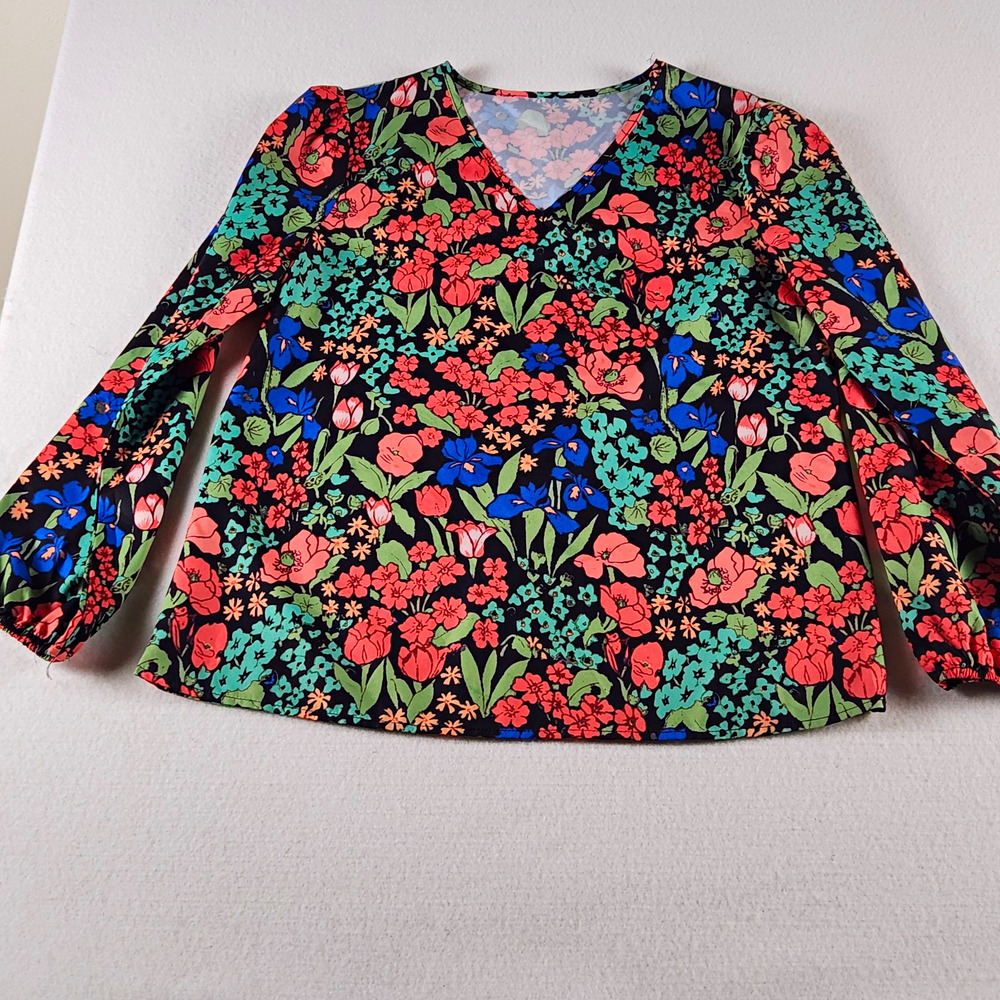 Womens Bright Multicolor Floral V-Neck Long Sleeve Pullover Blouse Size M